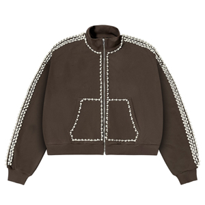 Chaqueta Bomber con Cierre y Adornos de Perlas para Hombre, Estilo Casual Urbano, Cuello Redondo, Color Sólido, Diseño con Cuentas, Ropa de Otoño - Product Image 1