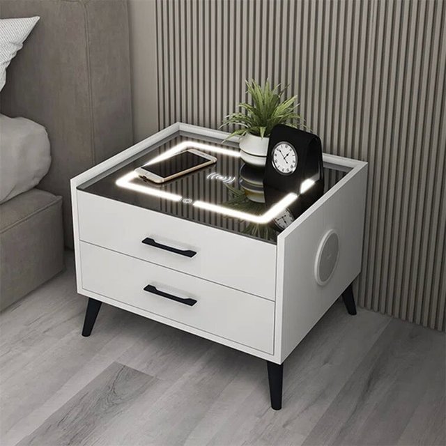 Smart Bedside Table with Wireless Charging Station and LED Light Nightstand Side Table with 2 Storage Drawers for Bedroom
