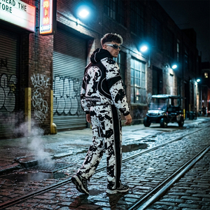Trendy Men's Black and <b>White</b> Ink Splatter <b>Tracksuit</b> Set Oversized Zip-Up Hoodie and Baggy Wide Leg Pants Custom Logo Streetwear - Product Image 1