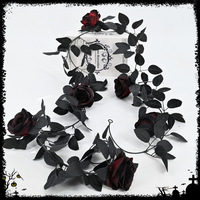 Feuilles et lianes de roses noires artificielles, fleurs en soie, décoration d'Halloween pour la maison