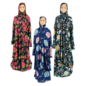 Traditional Abaya Hijab Robes for Girls Two Piece Muslim Prayer Clothes Kids Floral Printing Loose Large Abayas Dress Sets