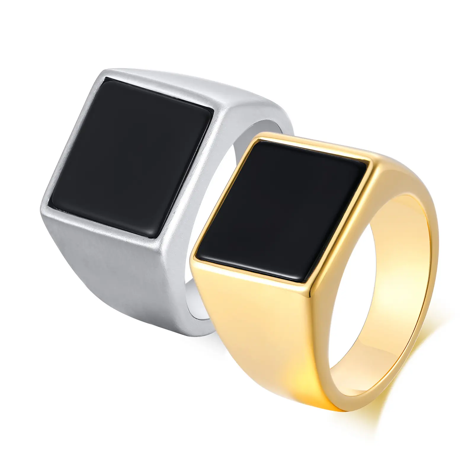 Fashion Jewelry Ring Men's Black Enamel Epoxy Square Ring Statement Stamp18K Gold Color Flat Geometric Ring
