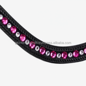 Nouveauté, accessoires pour chevaux, produit de course, bandeau en cuir véritable noir avec 1 rangée de cristaux transparents et violets décoratifs - Product Image 1