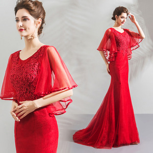 Vestido de Noche Rojo de Sirena con Escote Redondo y Mangas Acampanadas para <span class=keywords><strong>Fiesta</strong></span>, Última Moda 2020 - Product Image 1