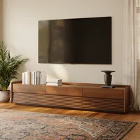 Meuble TV moderne de style mid-century personnalisé en usine 2026 avec 4 tiroirs rabattables ou éclairage LED pour salon