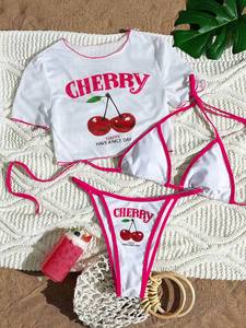 Conjunto de Bikini de 3 Piezas con Estampado de Cerezas <span class=keywords><strong>para</strong></span> <span class=keywords><strong>Mujer</strong></span>, Top Corto con Gráfico de Frutas, Braguita con Cordones Ajustables y Ribete en Contraste, Traje de Baño Sexy - Product Image 1
