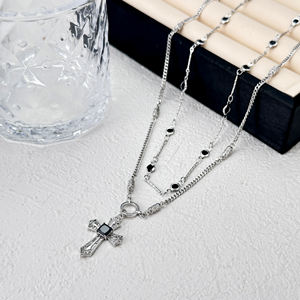 फैशन पीतल का रोडियम सफेद सोने का हार क्रॉस पेंडेंट डबल चेन ब्लैक ज़िरकोनियम डायमंड हार हार - Product Image 3