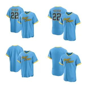 Jersey BlueCity baru 2023 grosir kualitas terbaik Milwaukee dijahit kaus bisbol Brewer 22 Christian Yelich