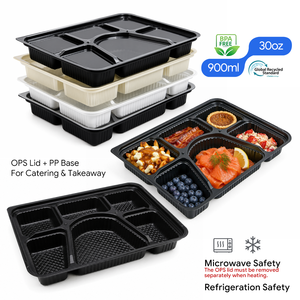 ถาดอาหาร PP 6 ช่องพร้อมฝาใส OPS กล่องเบนโตแบบใช้แล้วทิ้ง ปลอดสาร BPA ใช้กับไมโครเวฟได้ สำหรับอาหารแบบกลับบ้าน รับทำโลโก้ตามสั่ง - Product Image 1