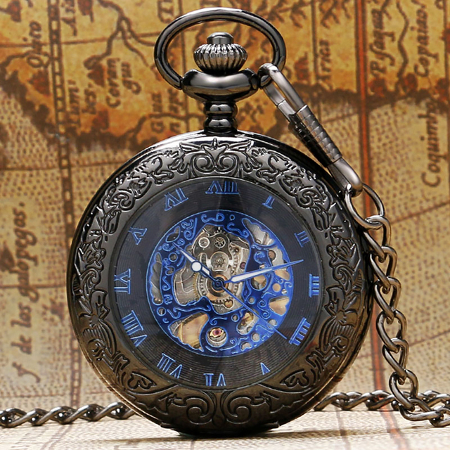 Unique Transparent Cover Black Manual Mechanical Pocket Watch Hnad Winding Skeleton Clock with Fob Chain for Father's Day Gift