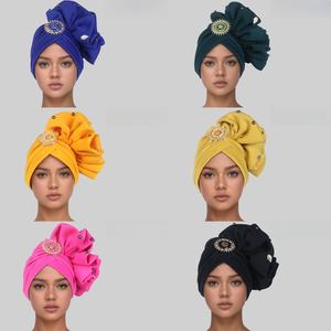 Chapeau africain traditionnel à fleurs et perles <span class=keywords><strong>Mariage</strong></span> Musulman Nail Diamond African Sego Headtie <span class=keywords><strong>Hijab</strong></span> Hat - Product Image 1