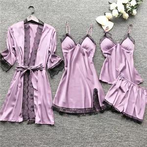 Conjunto de 4 Piezas de Pijamas para Mujer con Relleno en el Pecho, Pijamas Sexys de Encaje, Ropa de Dormir a la Moda - Product Image 6