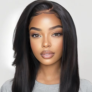 Perruque Yaki lisse en <span class=keywords><strong>cheveux</strong></span> humains avec <span class=keywords><strong>frange</strong></span> latérale, frontale en dentelle 7x5, sans colle, pré-épilée, densité 150%, aspect naturel, avec cordon de serrage Bye - Product Image 1