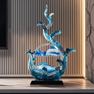Adorno de Vidrio Azul con Ondas de Arena Fluida, Escultura de Arte Líquido Feng Shui, Decoración para Sala de Estar y Mueble de TV - Product Image 1