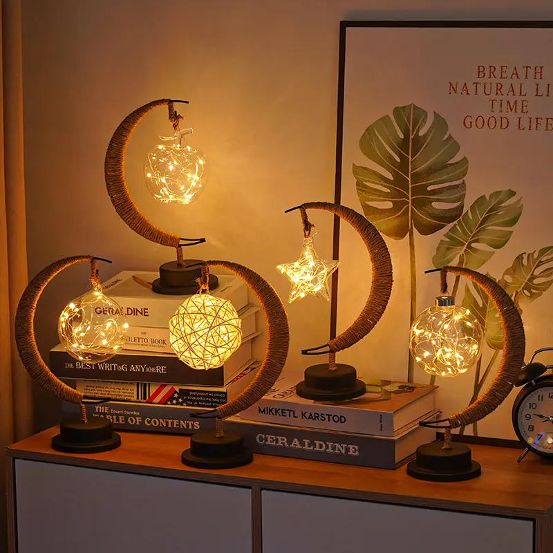 LED Star Moon Lamp Apple Rattan Ball Creative Desk Lamp Twine Iron Art USB Decorative Small Night Light