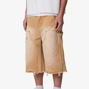 Shorts de travail baggy pour hommes, couleur kaki, effet éclaboussures de peinture, déchirés, ourlet effiloché, personnalisables OEM - Product Image 2
