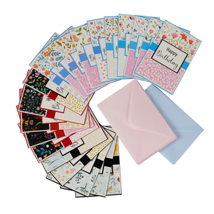 Hermosas tarjetas de feliz cumpleaños con sobres en blanco azules y rosas, flores personalizadas y logotipo de tarjeta de cumpleaños - Product Image 1