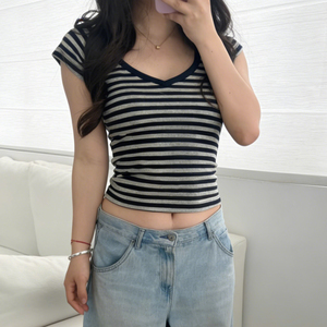 T-shirt décontracté pour femme, tricoté, à manches courtes, coupe ajustée, extensible, respirant, écologique, à rayures et blocs de couleur, Nouveauté Été 2026 - Product Image 2