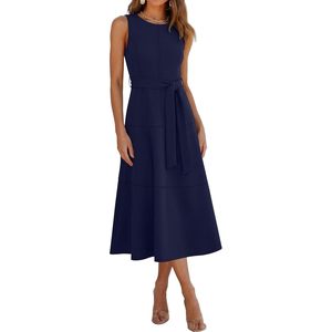 FOXA Robe midi élégante pour femme, sans manches, col rond, coupe trapèze avec ceinture, robe de soirée formelle pour le travail ou les cocktails - Product Image 1