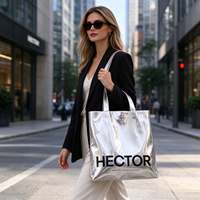 Vente en gros de sacs de shopping pour femmes en argent métallisé de 15 pouces, sac fourre-tout imperméable en PU, grande capacité, sac de plage pour les voyages