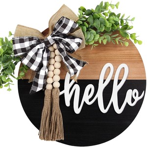<b>Rustic</b> Wooden Round Wall Sign Hello <b>Door</b> Hanger with Burlap Bow Greenery Tassels Farmhouse Home Decor - Product Image 5