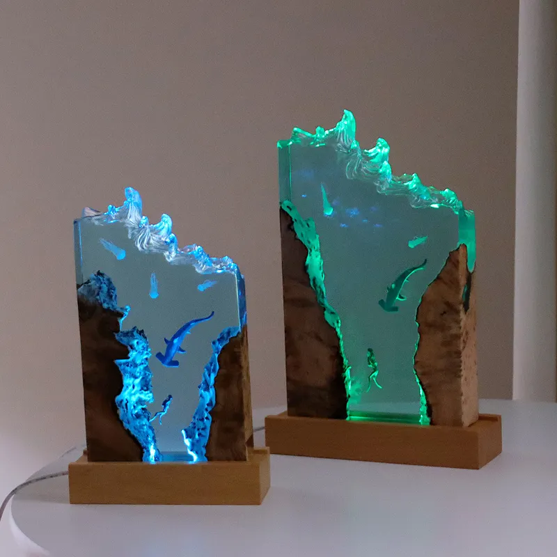 Creative Resin Crafts Wooden Resin Lamp Diver Shark Jellyfish Handmade Night Light Best Gifts Home Room Decor