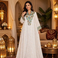 Gaun Maxi Panjang Bordir Tali Polyester Berhias Manik-Manik V-Neck, Busana Muslimah Sopan untuk Pesta, Festival, Acara Spesial, Abaya Floral ODM
