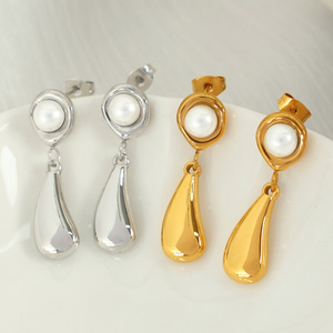ต่างหูมุกทรงหยดน้ำ ชุบทอง 18k สำหรับผู้หญิง สวมใส่ได้ทุกวัน แบบฝังขอบ EH296 - Product Image 1