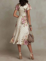 Robe midi élégante Joydressing en satin à imprimé floral, col en V, manches volantées, froncée, pour invitées de mariage et soirées, vente en gros, personnalisable
