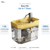 Fontaine à eau pour animaux de compagnie en plastique et acier inoxydable rechargeable, 1,5 L, distributeur d'eau automatique à circulation continue pour chat et chien, sans fil, silencieux