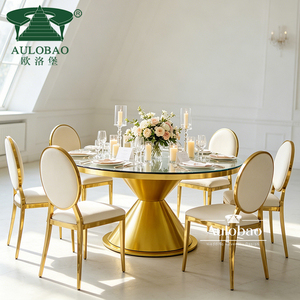 Luxurious Gold Stainless Steel Glass Top Round <b>Tables</b> and Chairs for Events - Product Image 1