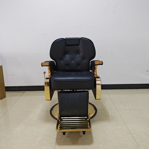 Sillón de Barbería Moderno de Cuero Sintético Negro con Estructura Metálica Dorada, Altura Ajustable, Bomba Hidráulica y Base Redonda, Mueble de Salón - Product Image 3
