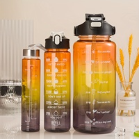 Ensemble de 3 bouteilles d'eau réutilisables en plastique transparent dégradé, type paille, anti-fuite, 2000ml/750ml/300ml avec marqueurs de temps