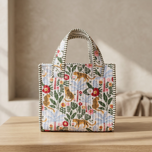 Sac fourre-tout en toile matelassée à imprimé léopard Veer Handicrafts, poignées rayées, fermeture éclair, mode bohème, sac de plage pour femmes - Product Image 5