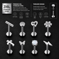 Boucles d'oreilles push-in sans filetage en acier inoxydable chirurgical 316L CRYSPURE, avec zircon cubique, motif papillon et cœur, pour piercing corporel au cartilage