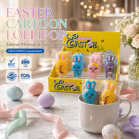 Vente en gros de sucettes en forme de lapin de Pâques de 12 g, bonbons durs aux saveurs de fruits assortis dans une boîte PDQ pour les fêtes de Pâques, personnalisables