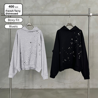 SS263110 Sweat à capuche court et ample pour homme, 400 GSM, en molleton bouclette, avec clous métalliques, ourlet côtelé vieilli, impression DTG personnalisée