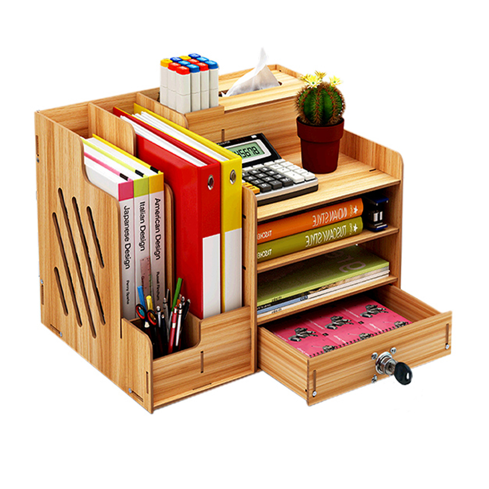 Бамбуковые деревянные офисные принадлежности, настольный органайзер, полка для хранения с замком, коробка для салфеток, книжная полка, держатель для ручек