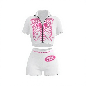 Ensemble deux pièces blanc pour femme, haut court et short avec imprimé squelette rose, fermeture éclair, col montant, tenue décontractée printemps-été - Product Image 3