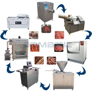 Meat Processing Grind Mince Emulsify Cutting Mix Seasoning Filling Sausage Tie Knot Cooking Drying Vacuum Pack Production Line