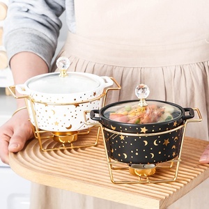 Nordic Star and Moon Gold Ceramic Soup Pot with Two Ears on an Iron Frame and Candle Holder - Product Image 5