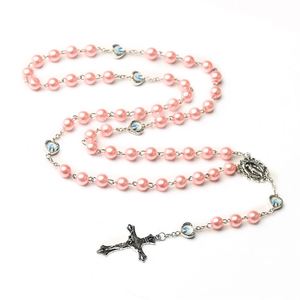 Collar de Rosario Católico con Cruz, Perlas de Vidrio de 8mm, 5 Segmentos, Cruz de Jesús Rosa y Blanca, Regalo - Product Image 1