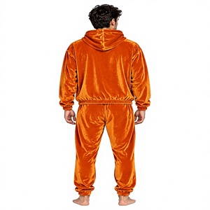 Orange Velvet Eco-Friendly Tracksuit <b>Two</b> <b>Piece</b> Hoodie Jogger <b>Set</b> Drawstring Front Solid Color Casual Winter <b>Lounge</b> Outfit - Product Image 3