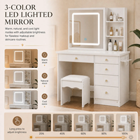En gros Coiffeuse blanche en MDF pour maquillage avec miroir LED, 5 tiroirs, étagères de rangement et tabouret