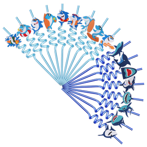 Ocean Predator Blue Shark Flexible Decorative Spiral Straw Cute PVC Silicone Model Engraved Party Supplies Promotion for