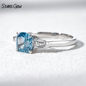 <b>Cushion</b> Cut Blue diamond 1.6ct Three-Stone <b>Ring</b> with Tapered Baguette Cut Diamonds for Women 10K white Gold <b>Ring</b> - Product Image 2