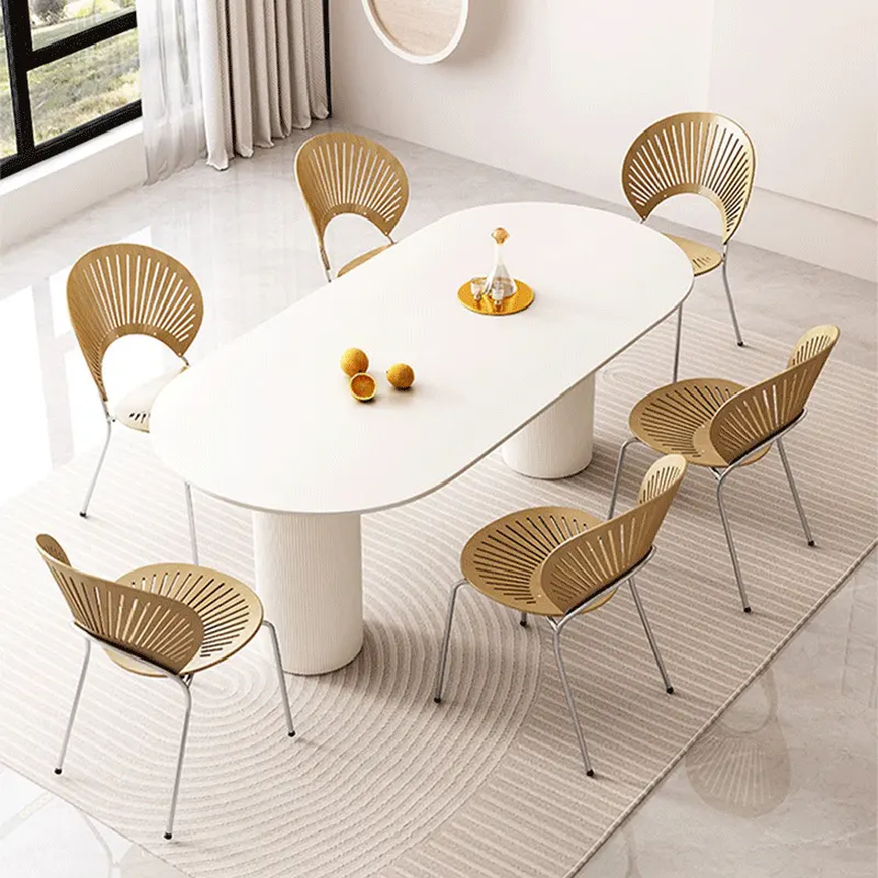 Nuovo Design stile crema serie Villa mobili per la casa Base in ferro bianco tavolo ovale in pietra sinterizzata lastra tavolo da pranzo Set 6 posti