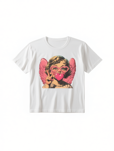T-shirt con stampa grafica Cupido da donna, manica corta, girocollo, bianco, casual, estivo, lavabile in lavatrice, tessuto jersey confortevole - Product Image 1