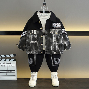 Veste en jean à imprimé graffiti pour garçons, t-shirt à manches longues à col rond uni, pantalon de jogging avec patch lettres, <span class=keywords><strong>tenue</strong></span> décontractée streetwear <span class=keywords><strong>hip</strong></span>-<span class=keywords><strong>hop</strong></span> - Product Image 6