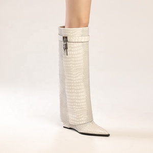 Bottes pliables pour femme, hauteur genou, à bout pointu, <span class=keywords><strong>talon</strong></span> <span class=keywords><strong>compensé</strong></span>, style western, confortables, avec boucle, rehaussantes - Product Image 3